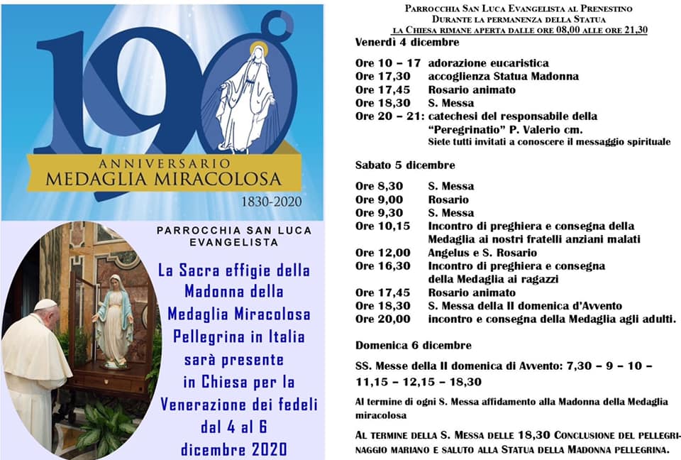 Madonna Della Medaglia Miracolosa Pellegrina Al Prenestino Dal 4 Al 6 Dicembre Programma Parrocchia San Luca Evangelista Al Prenestino