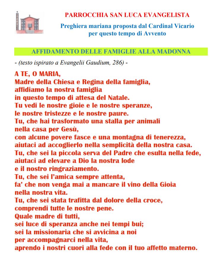 Preghiera Di Affidamento Delle Famiglie Alla Madonna Parrocchia San Luca Evangelista Al Prenestino